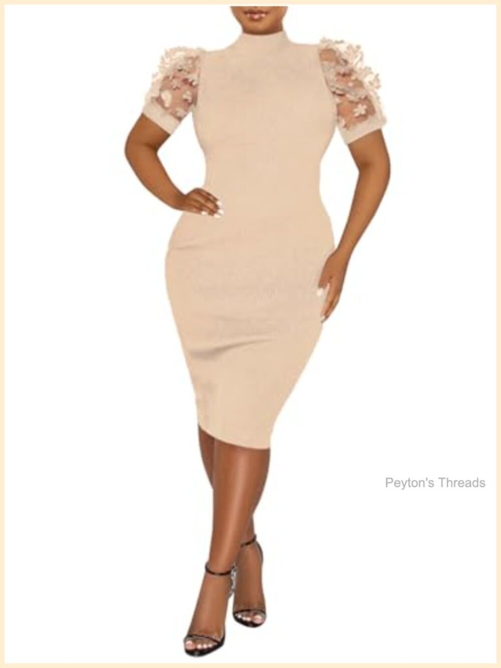 Women's Ribbed Knit Mock Neck Bodycon Midi Dress Sheer Mesh Short Puff Sleeves